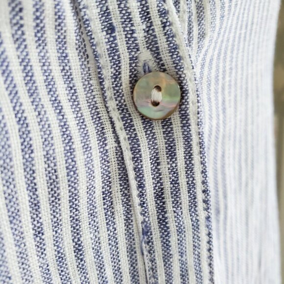 TAHARI 100% Linen Long Button Down Shirt Steel Blue and White Stripes Size L - Picture 9 of 15